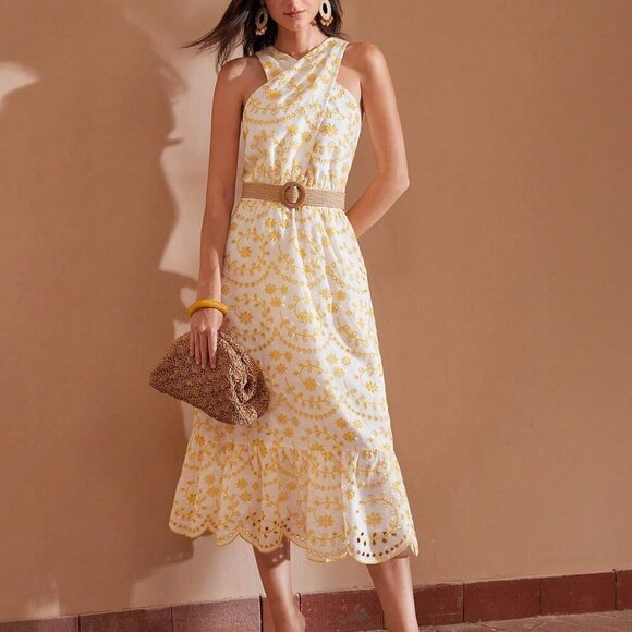 YELLOW WOMEN'S SCALLOP RUFFLE HEM HALTER NECK EMBROIDERY SCHIFFY DRESS - Picture 5 of 8